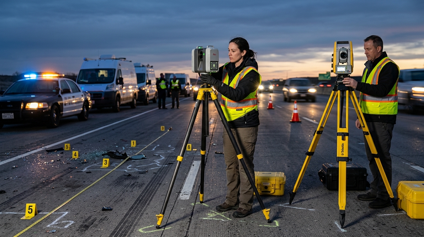 Forensic accident reconstruction investigator using 3D laser scanner and electronic total station on Canadian highway at twilight