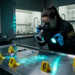 Forensic evidence investigator using alternate light source ultraviolet lamp and macro photography on forensic evidence table