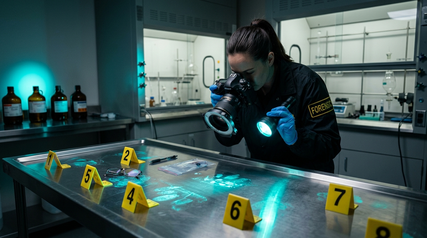 Forensic evidence investigator using alternate light source ultraviolet lamp and macro photography on forensic evidence table