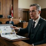 Forensic expert witness testifying in Canadian Court of Kings Bench witness box with technical demonstrative chart evidence