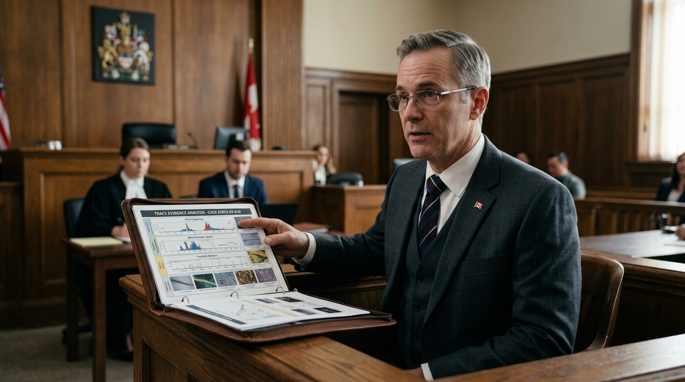 Forensic expert witness testifying in Canadian Court of Kings Bench witness box with technical demonstrative chart evidence